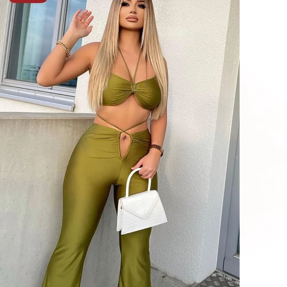 Fashion Nova Olive Green Flare Pant Set - Picture 2 of 3